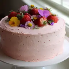 Enkel babyshower tårta med rosa frosting, toppad med färska jordgubbar och vilda blommor. Perfekt för att fira en ny liten ankomst.