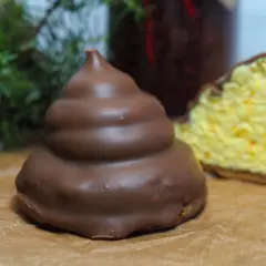 Chokladöverdragen maräng med en bit av en gul kaka med apelsinskal. Undrar om man kan frysa maräng?