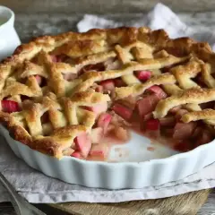En gyllene rabarberpaj med ett vackert flätat lock. Perfekt för ett somrigt rabarber recept.