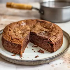 En saftig kladdkaka, perfekt gräddad i sin form, med en härlig chokladkärna. En bit saknas, redo att avnjutas.