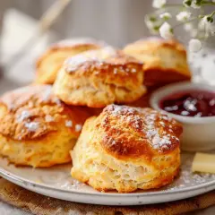 Färska scones med sylt och smör. Ja, man kan frysa scones för att njuta av dem senare.