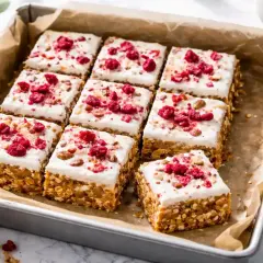 Små fyrkantiga bars med vit frosting och hallon. Ett perfekt bars recept för fika.