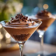 Chokladmousse i martiniglas, perfekt för ett enkelt mousse recept. Garnerad med chokladspån.