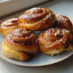 Färska kanelbullar på en tallrik, perfekt för att visa hur förvarar man bullar bäst för att behålla dem mjuka och goda.