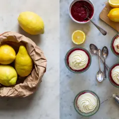 Färska citroner i en papperspåse bredvid färdiga citron dessert i glasbägare, toppade med vispgrädde och mandlar.