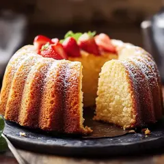 En saftig sockerkaka toppad med färska jordgubbar och pudrad florsocker. Perfekt som alternativ istället för socker i bakning.