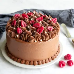 En lyxig chokladtårta med hallon och chokladdekorationer, redo att avnjutas.