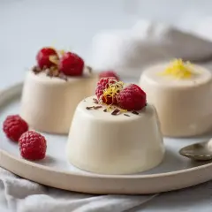 Tre krämiga pannacotta smaker med hallon och citronskal. En delikat dessert som lockar.