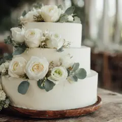 En elegant brudpar tårta i tre våningar, dekorerad med vita rosor och gröna blad. Perfekt för ett drömbröllop.