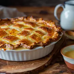 En gyllene äppelpaj med rutmönster på toppen, redo att serveras med vaniljsås. Ett perfekt marsansås recept för hembakad njutning.
