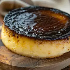 En krämig baskisk cheesecake med karamelliserad yta, serverad på en träskärbräda.