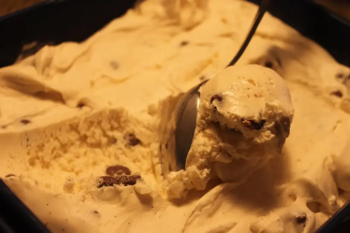En skopa krämig vaniljglass med chokladbitar, perfekt för ett hemmagjort daimglass recept.