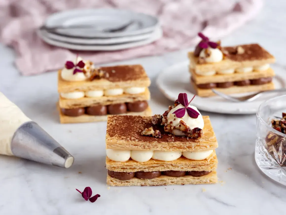 Tre eleganta lager av smördeg, chokladkräm och vaniljkräm toppas med nötter och en lila blomma. En lyxig dessert redo att avnjutas.