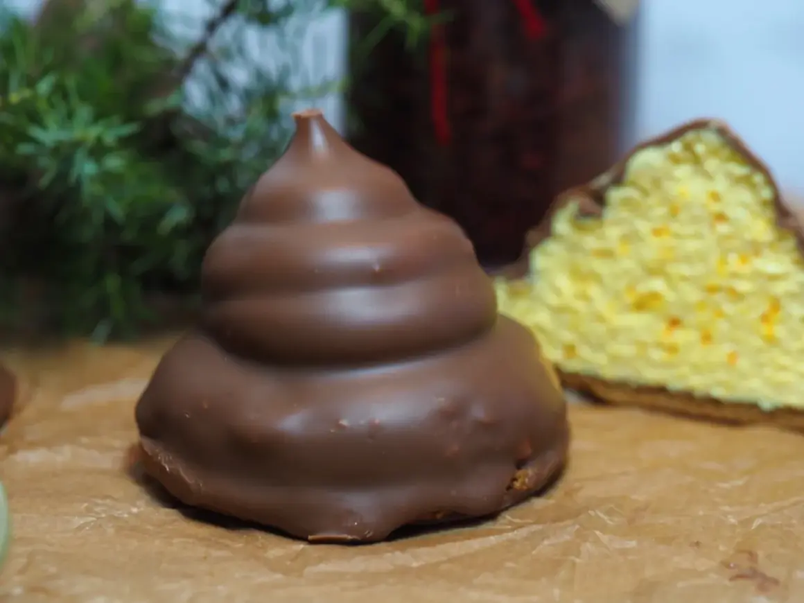Chokladöverdragen maräng med en bit av en gul kaka med apelsinskal. Undrar om man kan frysa maräng?