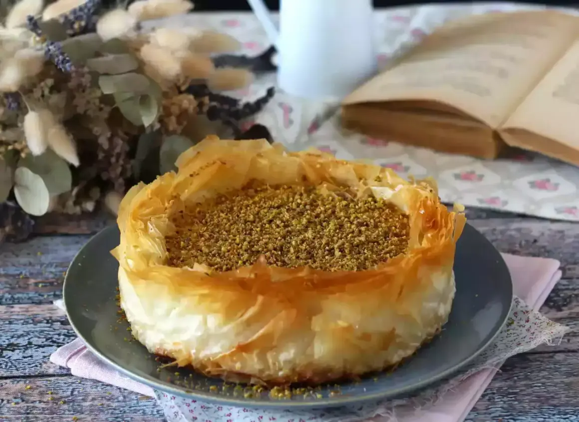 En gyllene baklava cheesecake med pistagenötter, serverad på en grå tallrik. En vacker dessert att njuta av med en god bok.