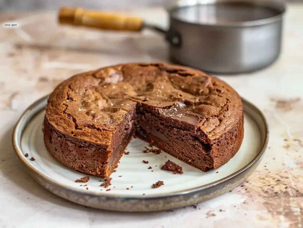 En saftig kladdkaka, perfekt gräddad i sin form, med en härlig chokladkärna. En bit saknas, redo att avnjutas.