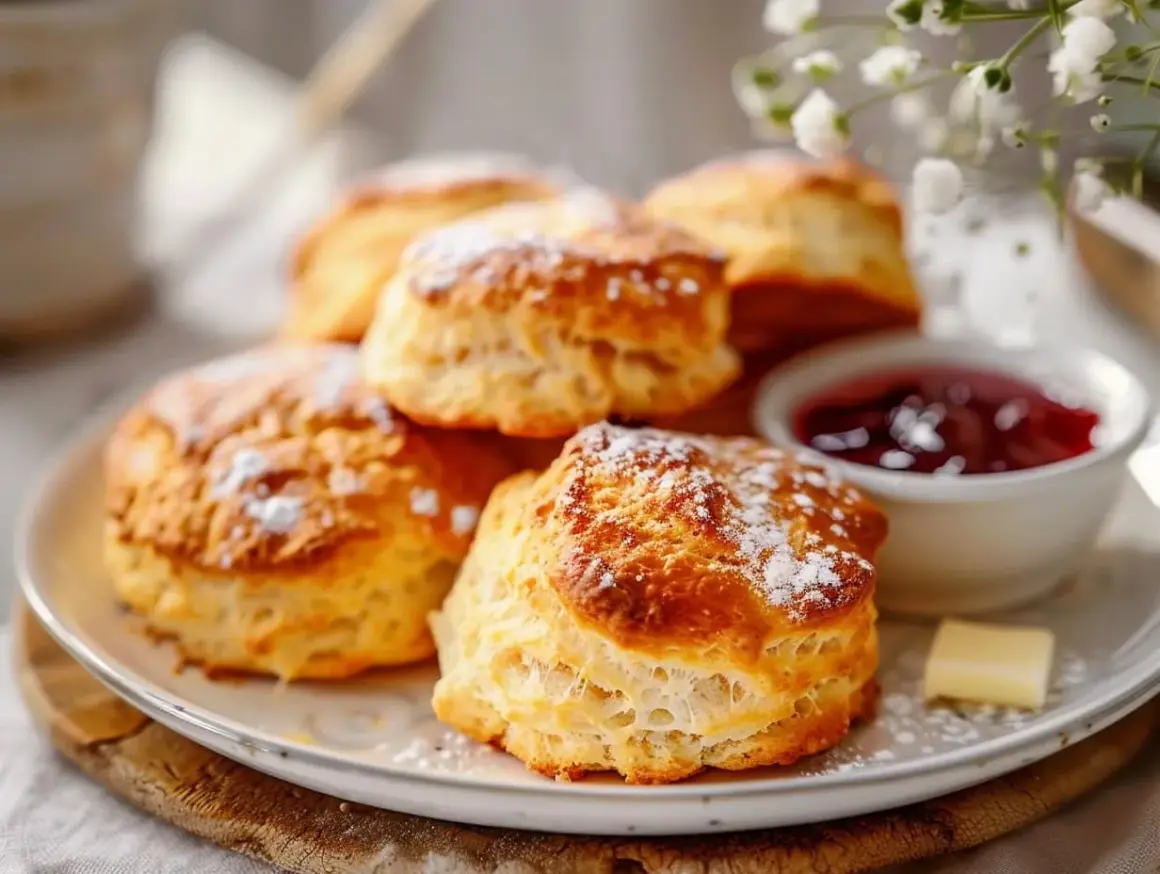 Färska scones med sylt och smör. Ja, man kan frysa scones för att njuta av dem senare.