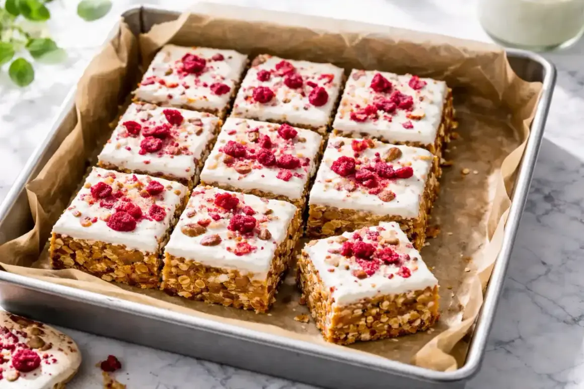 Små fyrkantiga bars med vit frosting och hallon. Ett perfekt bars recept för fika.