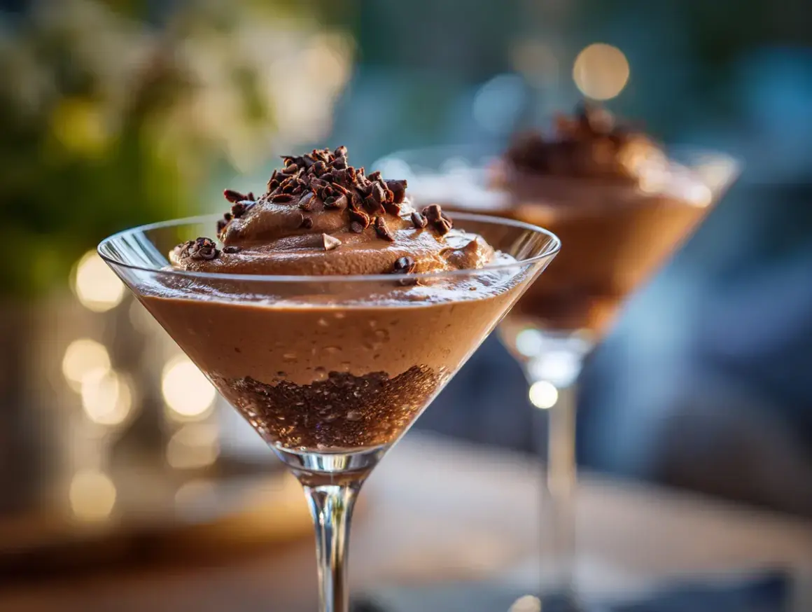 Chokladmousse i martiniglas, perfekt för ett enkelt mousse recept. Garnerad med chokladspån.