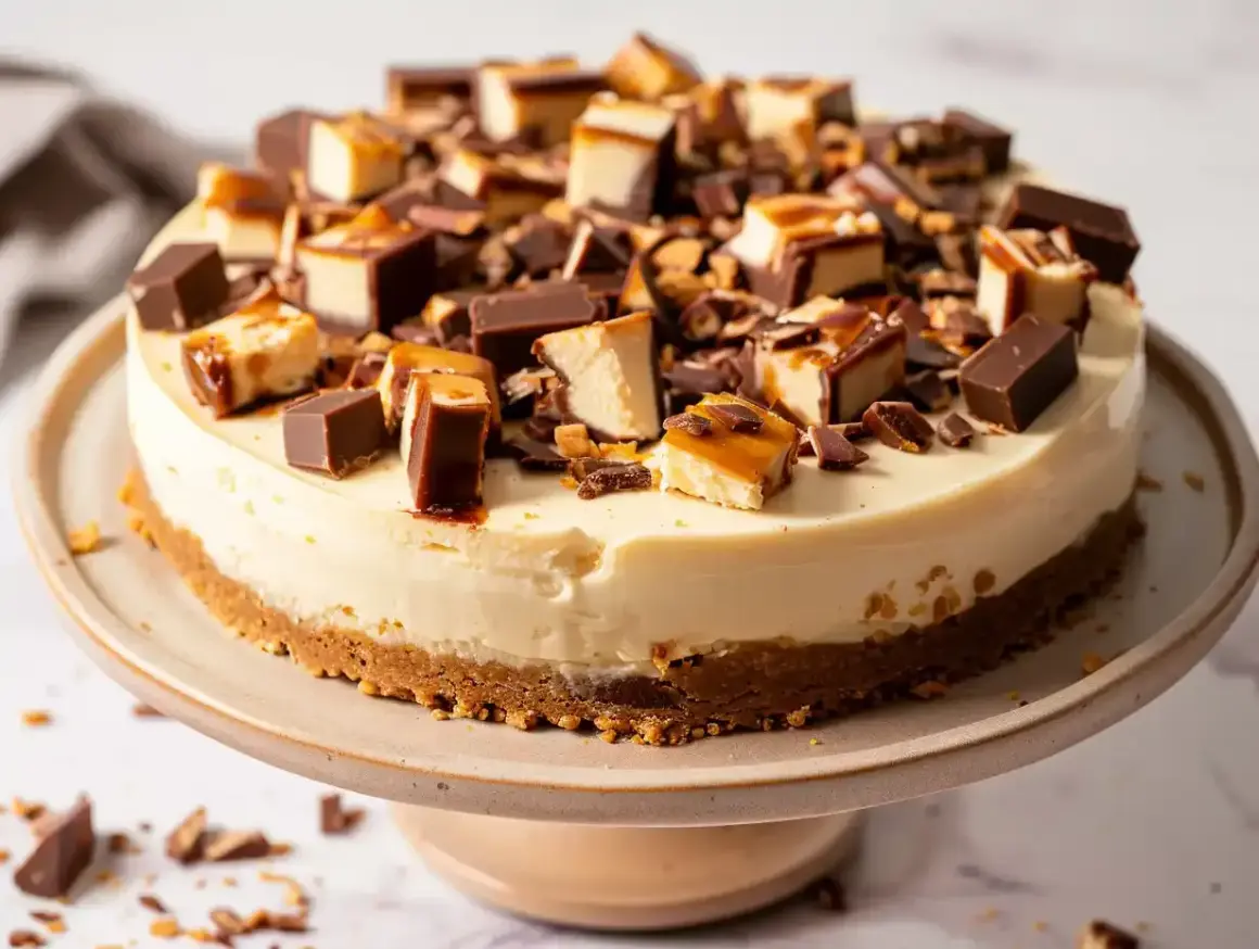En krämig cheesecake toppad med choklad och karamellbitar. Perfekt att baka med Daim för en extra lyxig känsla.