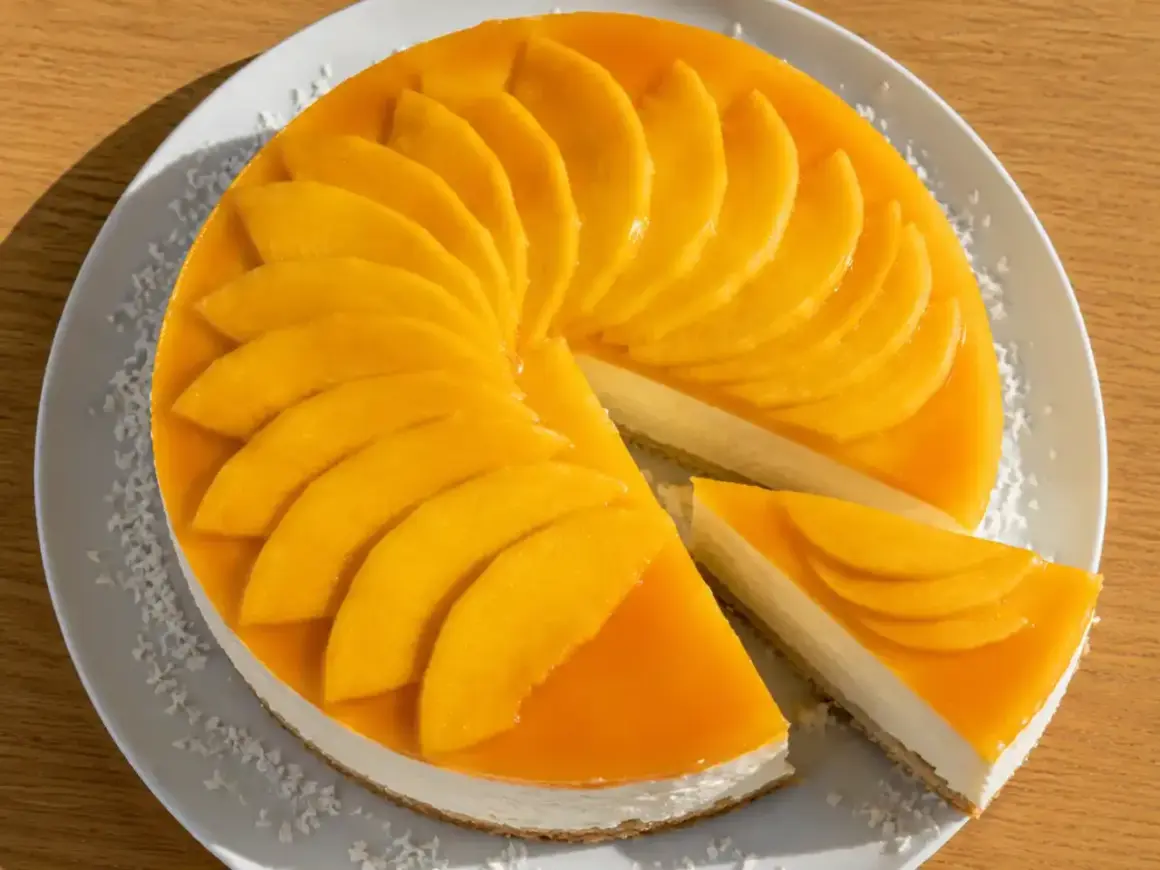 En krämig mango cheesecake med färska mangoskivor som pryder toppen. En bit är uppskuren och visar den vita fyllningen.