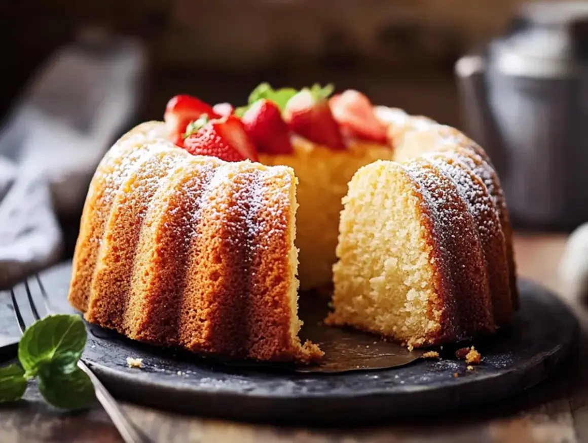 En saftig sockerkaka toppad med färska jordgubbar och pudrad florsocker. Perfekt som alternativ istället för socker i bakning.