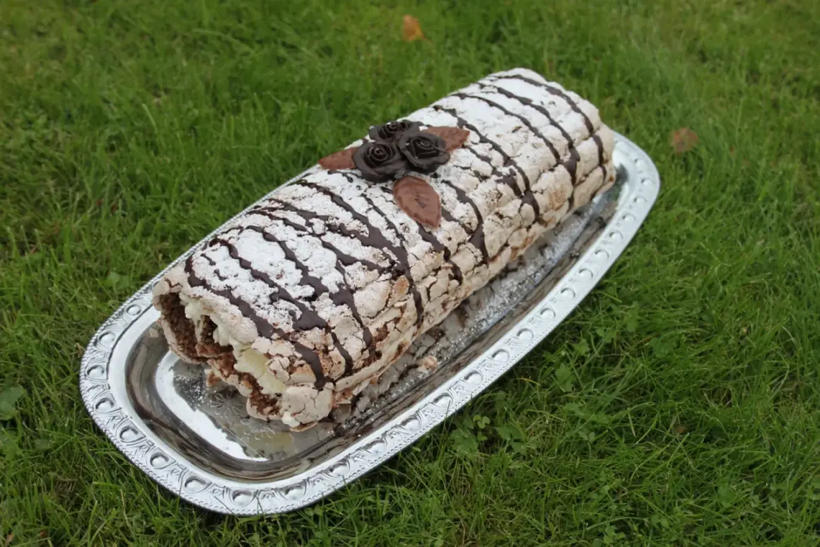En läcker Budapest tårta, rullad och dekorerad med choklad och pudersocker, ligger på ett silverfat på gräsmattan.