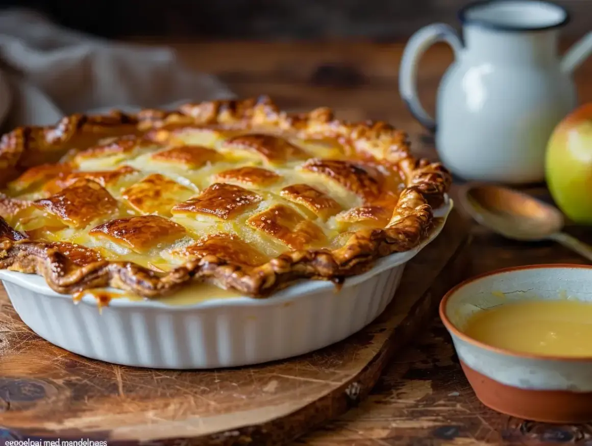 En gyllene äppelpaj med rutmönster på toppen, redo att serveras med vaniljsås. Ett perfekt marsansås recept för hembakad njutning.