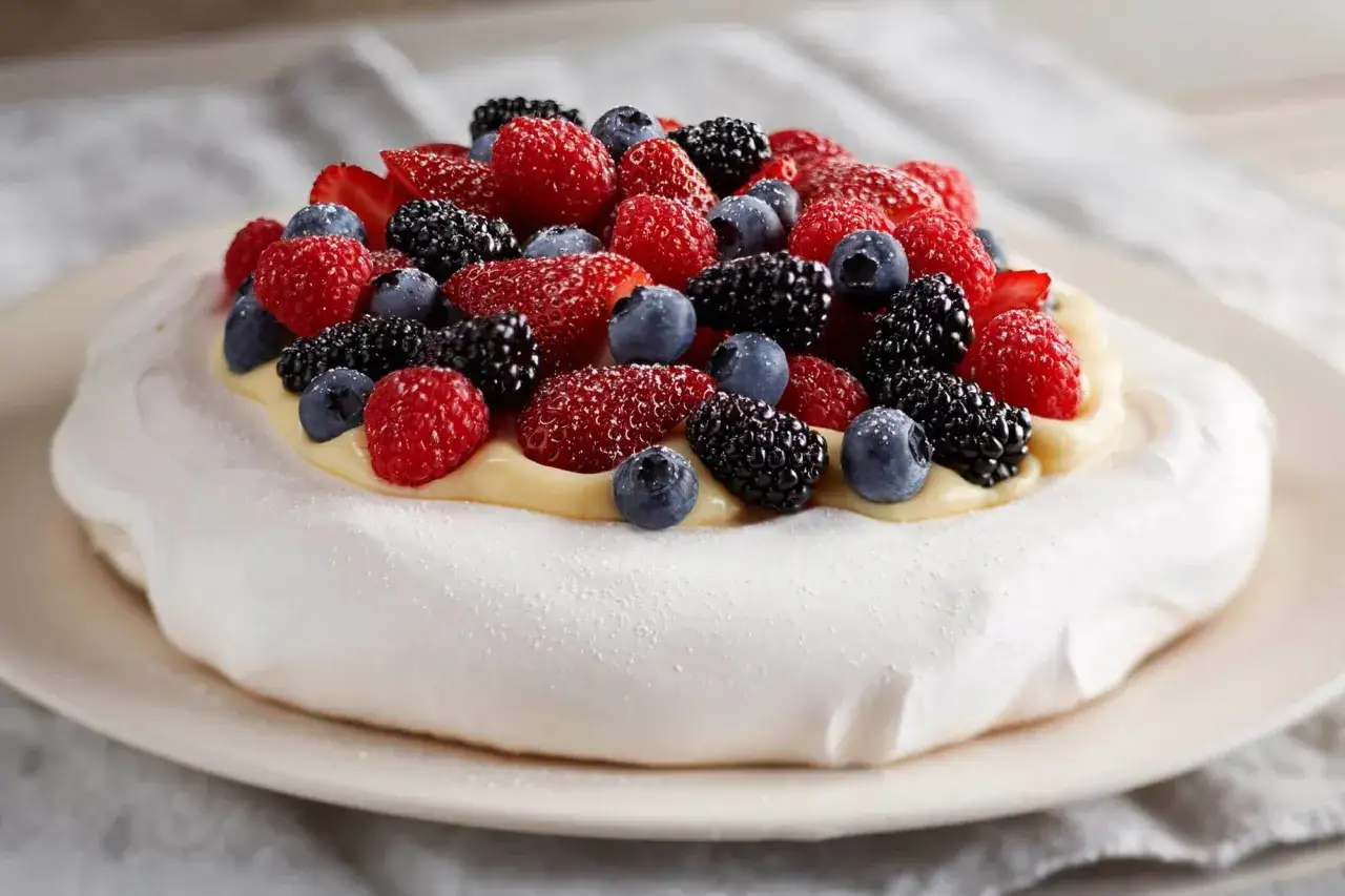En vacker pavlova med grädde och färska bär, perfekt för ett sommarfika. Ett enkelt pavlova recept att prova!