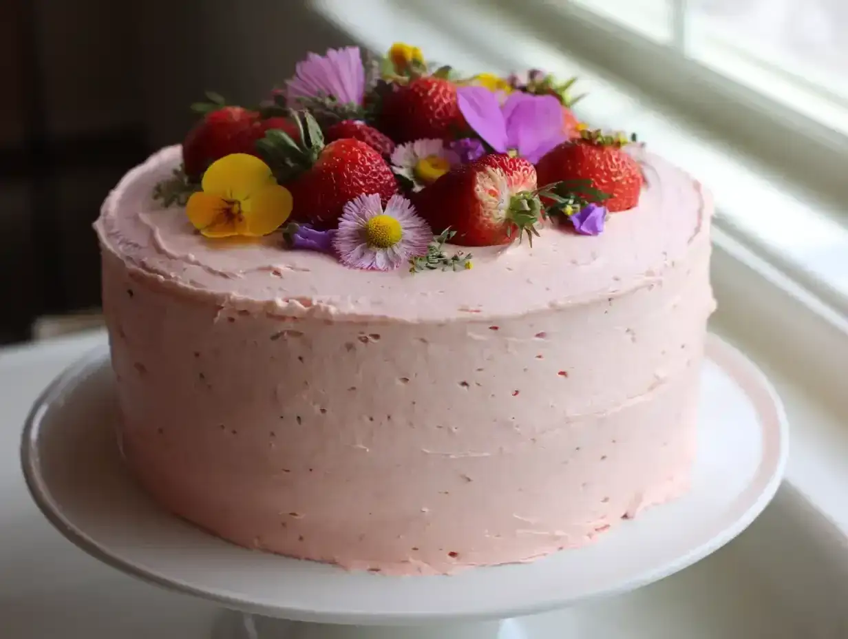 Rosa kakor till babyshower, dekorerade med f&auml;rska jordgubbar och &auml;tbara blommor. En vacker t&aring;rta f&ouml;r att fira en nyf&ouml;dd.