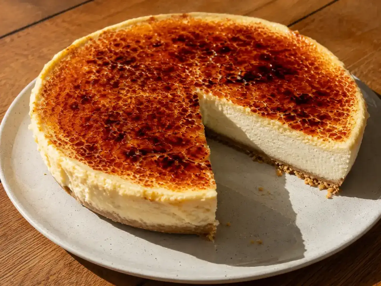 En krämig cheesecake med karamelliserad yta, som en creme brulee. En bit är bortskuren.