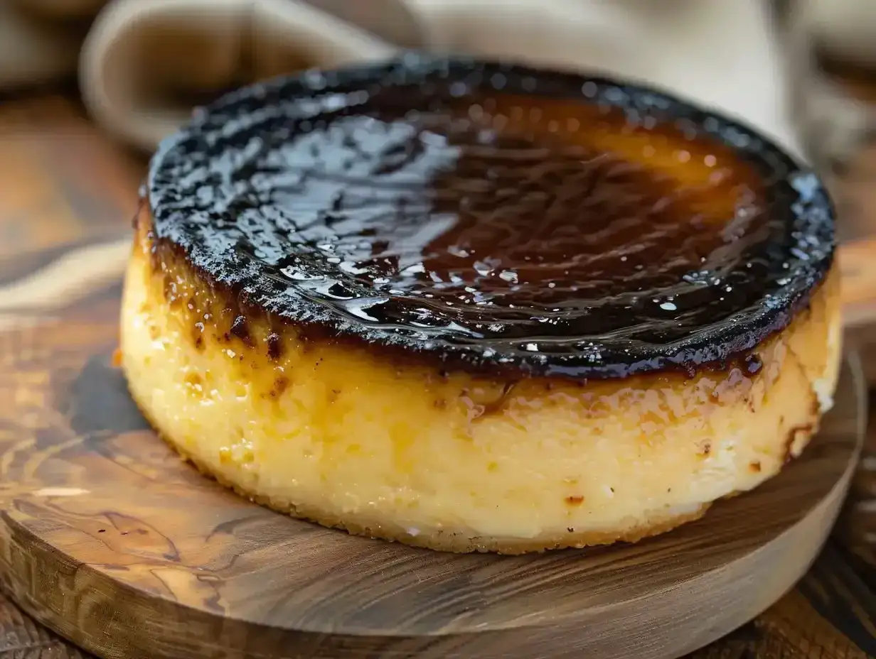 En kr&auml;mig baskisk cheesecake med karamelliserad yta, serverad p&aring; en tr&auml;sk&auml;rbr&auml;da.