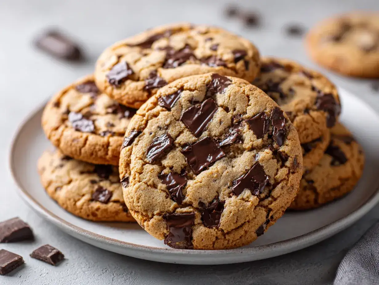 En hög med nybakade chocolate chip cookies, perfekta för ett enkelt recept.