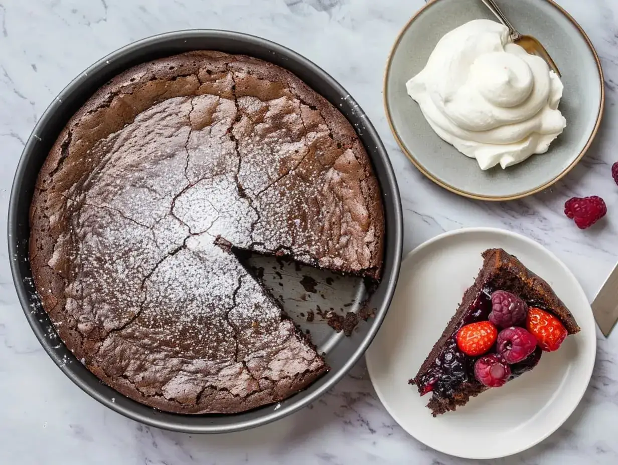 En hel, m&ouml;rk chokladkaka, likt en fudgebrownie, pudrad med florsocker. En bit serveras med b&auml;r och vispgr&auml;dde.