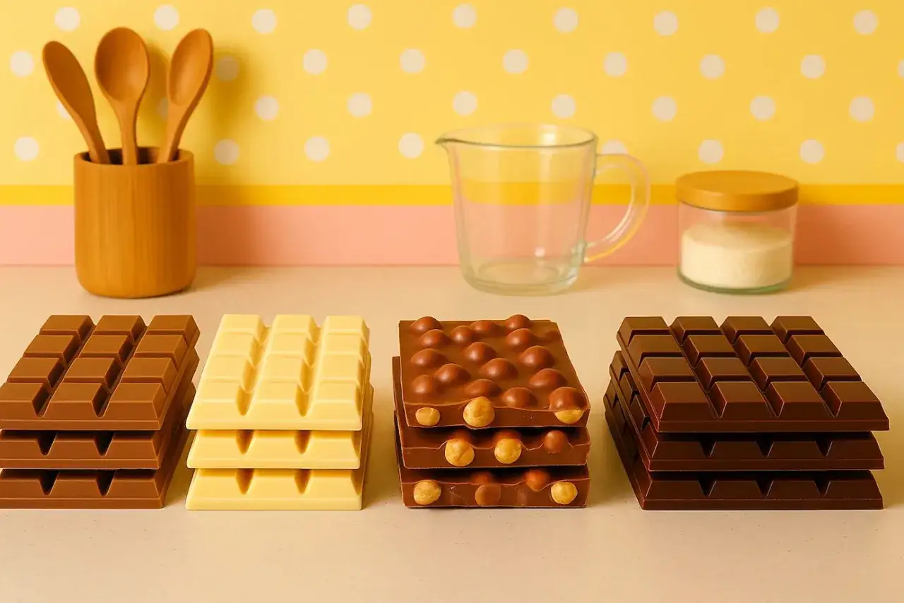 Härligt uppdukat för att baka med choklad! Fyra staplar chokladkakor, en med nötter, bredvid köksredskap och en bägare.