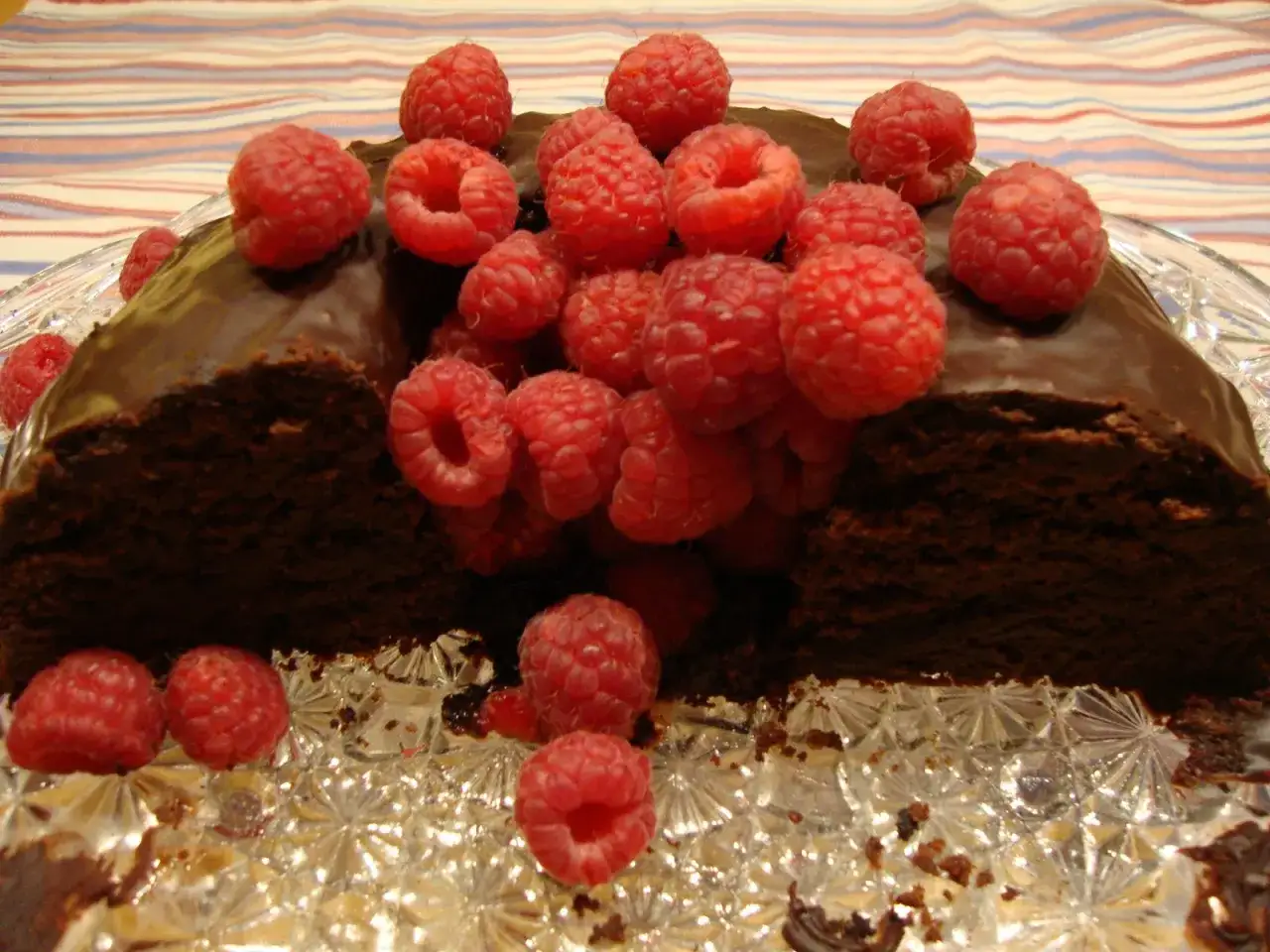 En saftig mjuk chokladkaka toppad med färska hallon, serverad på ett vackert fat. En dröm för alla chokladälskare!