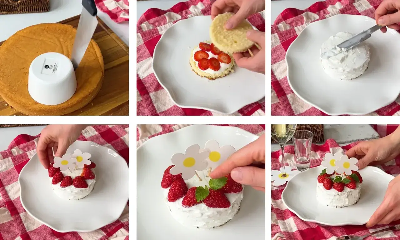 Sm&aring;, s&ouml;ta t&aring;rtor med jordgubbar och blomsterdekorationer, perfekta som dessert till midsommar.