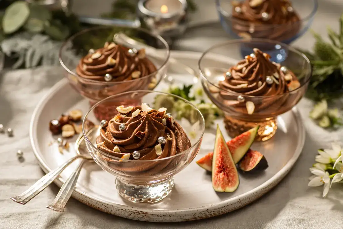Lyxig chokladmousse i glas, toppad med nötter och silverkulor. Perfekt för ett chokladmousse recept till festen.