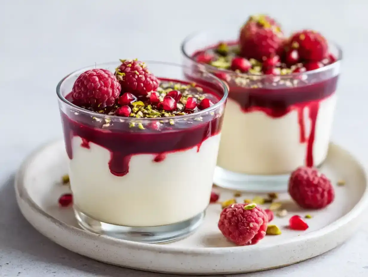 Tv&aring; glas med kr&auml;mig dessert, toppad med hallons&aring;s, f&auml;rska hallon, granat&auml;ppelk&auml;rnor och pistagen&ouml;tter. Perfekt hallons&aring;s till glass!