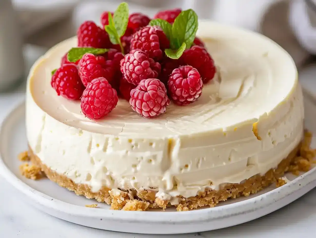 Krämig cheesecake med hallon och mynta på en krispig botten. En perfekt daim cheesecake för alla tillfällen.